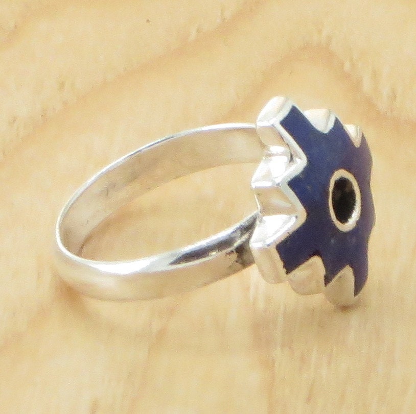 Chakana ring silver Peru Sacred Valley blue stone inlay silver band