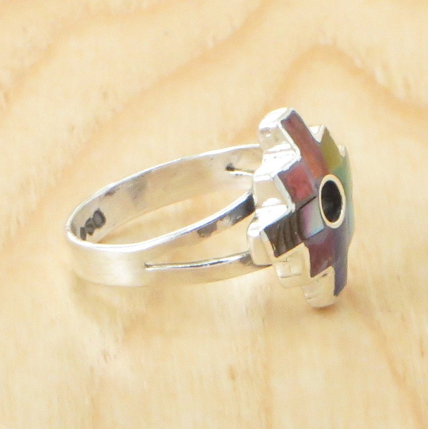 Chakana ring silver Peru Sacred Valley multi color stone inlay silver band
