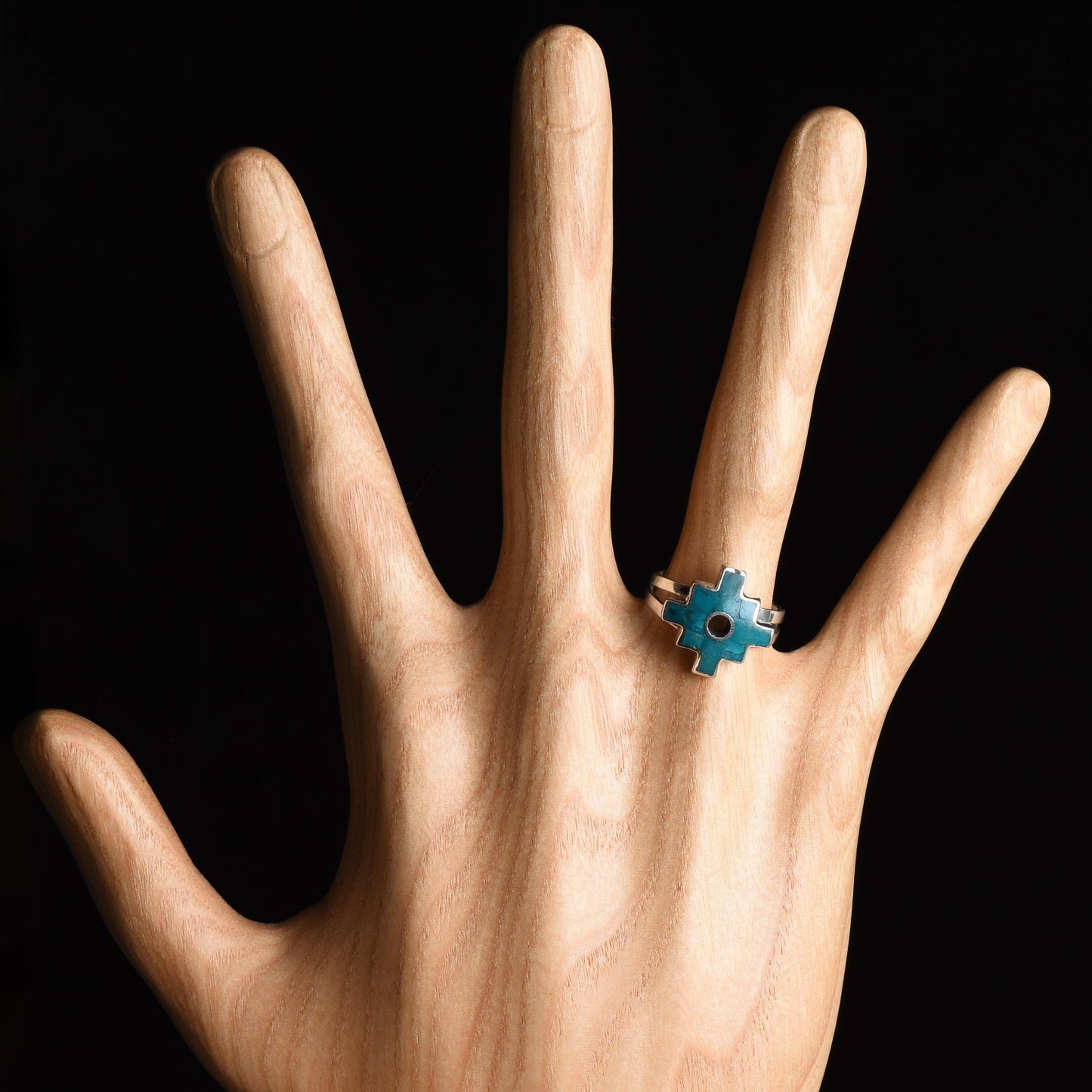 Chakana ring silver Peru Sacred Valley Blue green inlay silver band