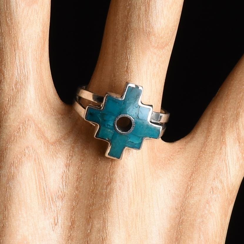 Chakana ring silver Peru Sacred Valley Blue green stone inlay silver band