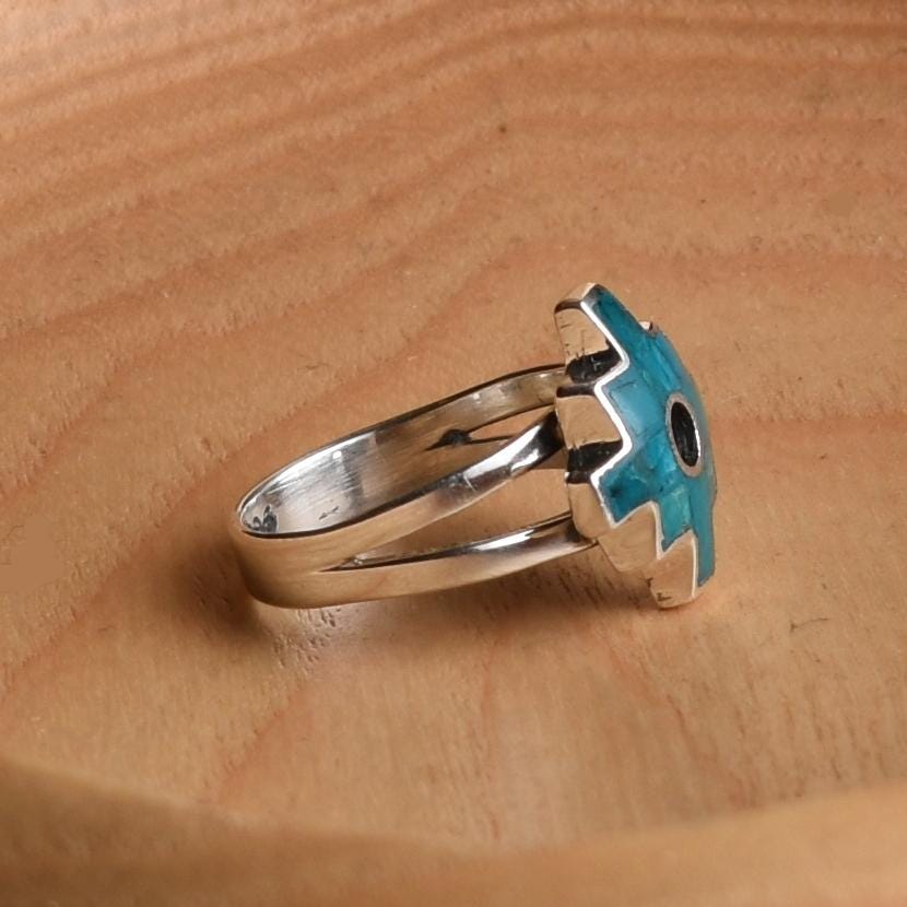 Chakana ring silver Peru Sacred Valley Blue green inlay silver band