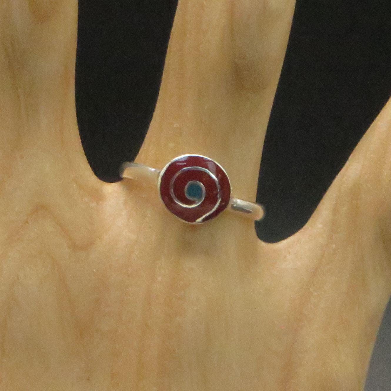 Pachamama Spiral ring silver Peru Sacred Valley red inlay silver band