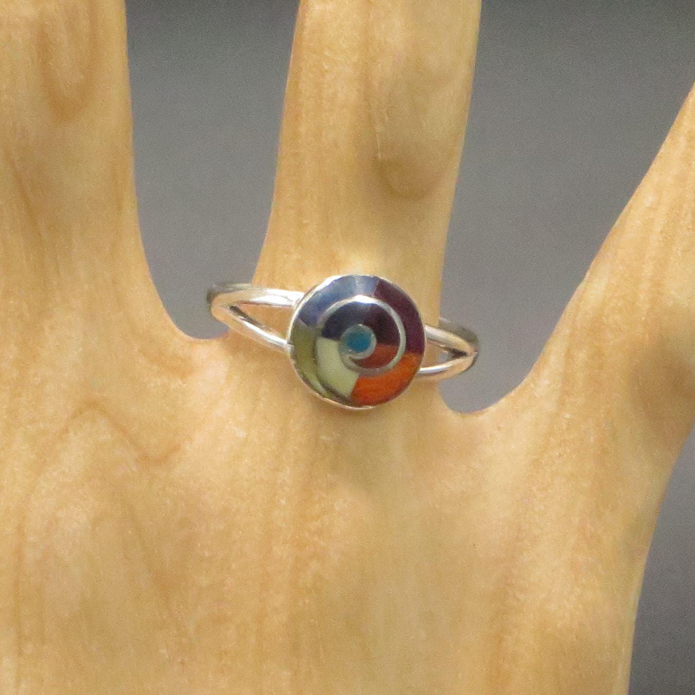 Pachamama Spiral ring silver Peru Sacred Valley multi color stone inlay silver band
