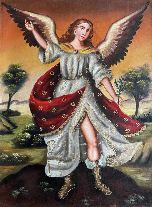 Archangel Gabriel Original Painting Oil on Canvas Cusco School 11 1/2 x 15 1/2 CS52538 - Shaman Things