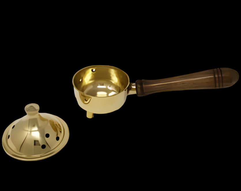 Solid Brass Burner with Lid & wood Handle 7"