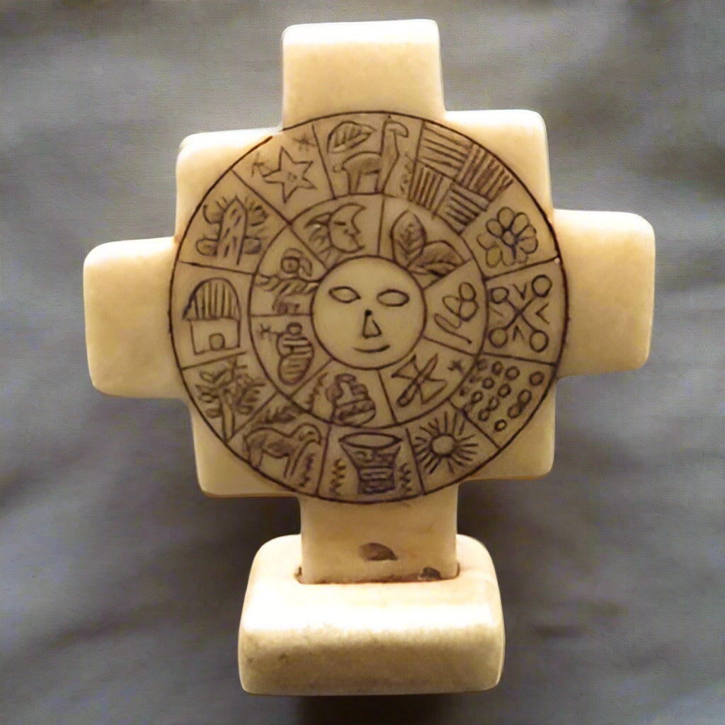 Chakana Stone Inca Cross with Inca Calendar Alabaster Caliza Stone hand crafted Sacred Valley P24-10