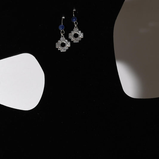 Chakana Earrings Jaguar Snake Condor 950 Silver with Bezel Set Stone Peru Sacred Valley E52507 - Shaman Things