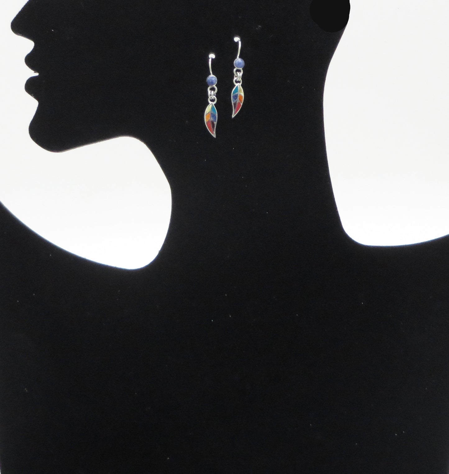 Coca Leaf Earrings 950 Silver with Stone Inlay Peru Sacred Valley EJV7