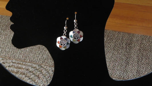 Flower of Life with Tree of Life Earrings 950 Silver with Stone and Abalone Inlay Peru Sacred Valley EJVB15 - Shaman Things