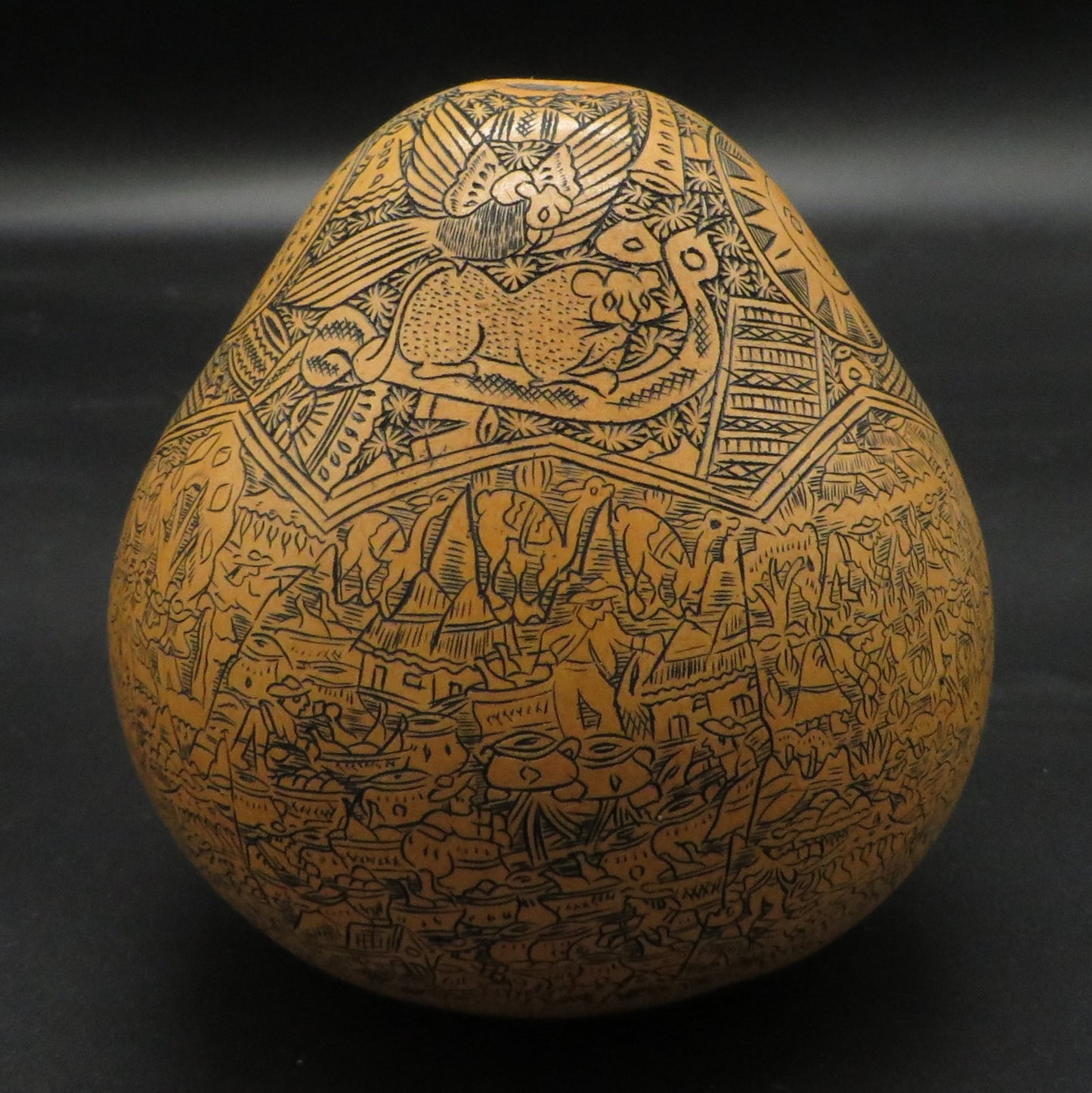 Folk Art Carved Gourd Sun Moon Condor Puma Serpent Daily Life hand carved Sacred Valley Peru P236