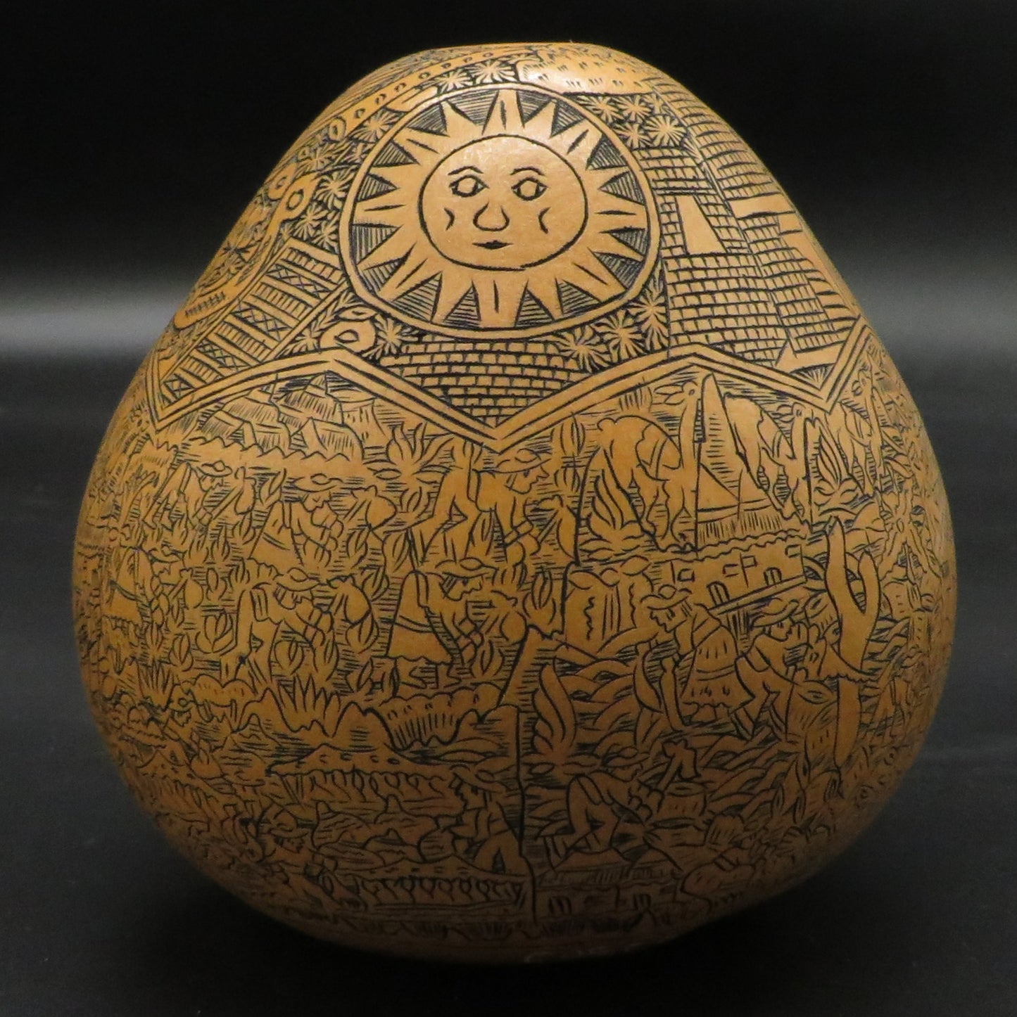 Folk Art Carved Gourd Sun Moon Condor Puma Serpent Daily Life hand carved Sacred Valley Peru P236