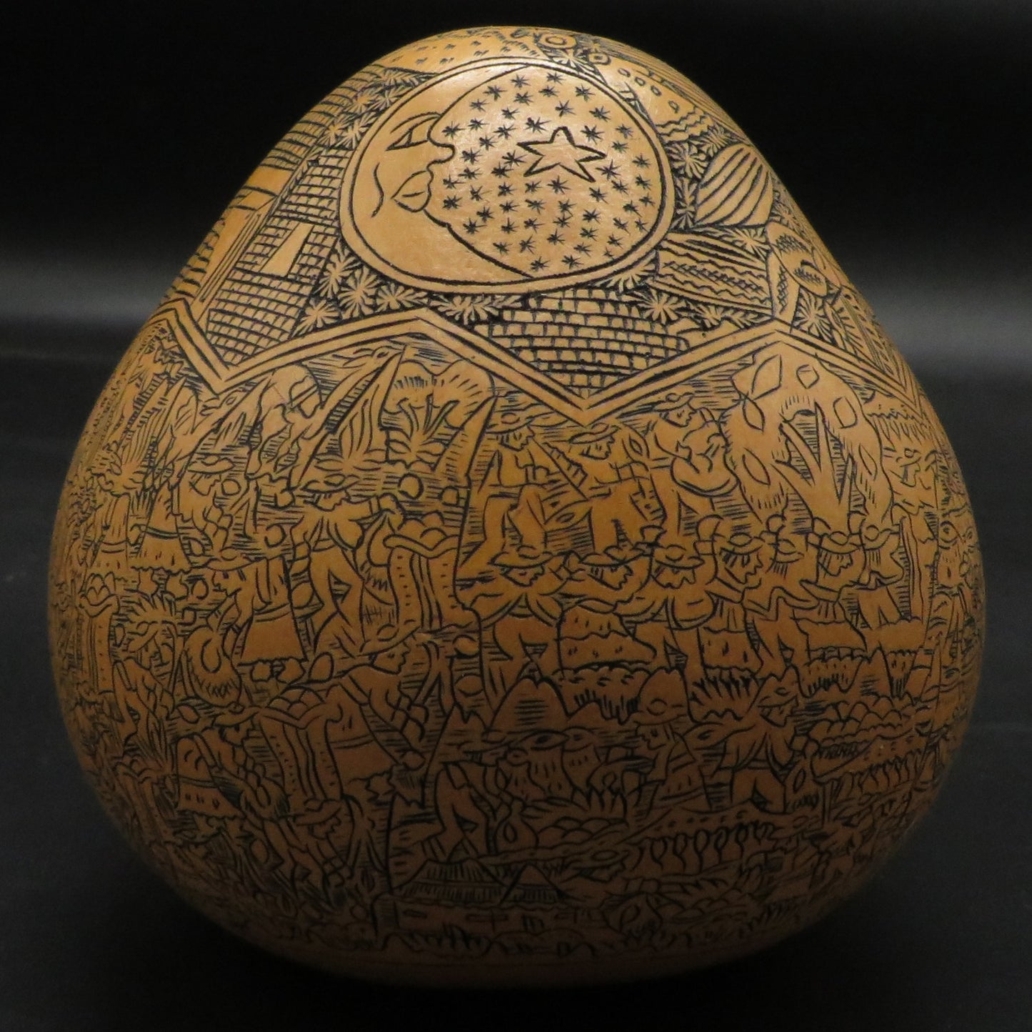 Folk Art Carved Gourd Sun Moon Condor Puma Serpent Daily Life hand carved Sacred Valley Peru P236