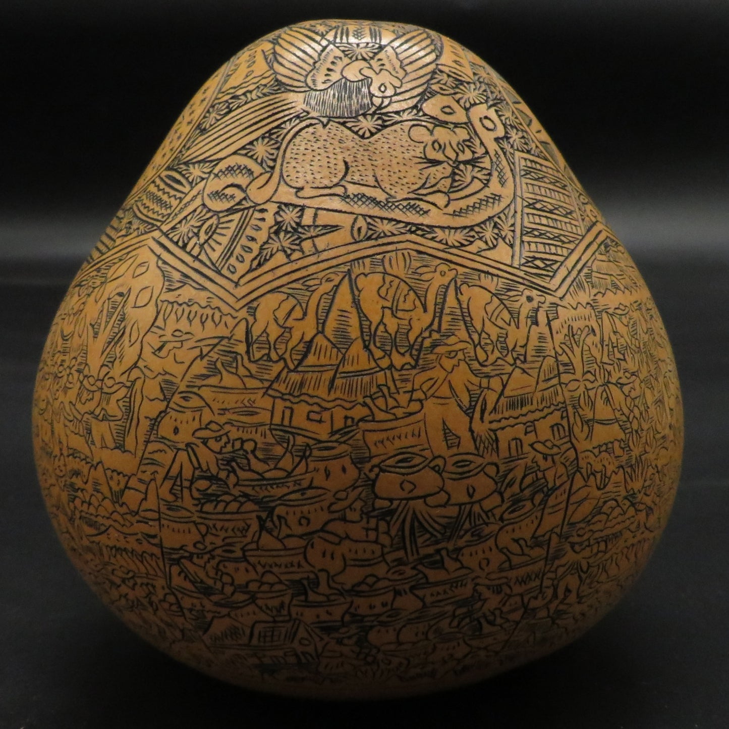 Folk Art Carved Gourd Sun Moon Condor Puma Serpent Daily Life hand carved Sacred Valley Peru P236