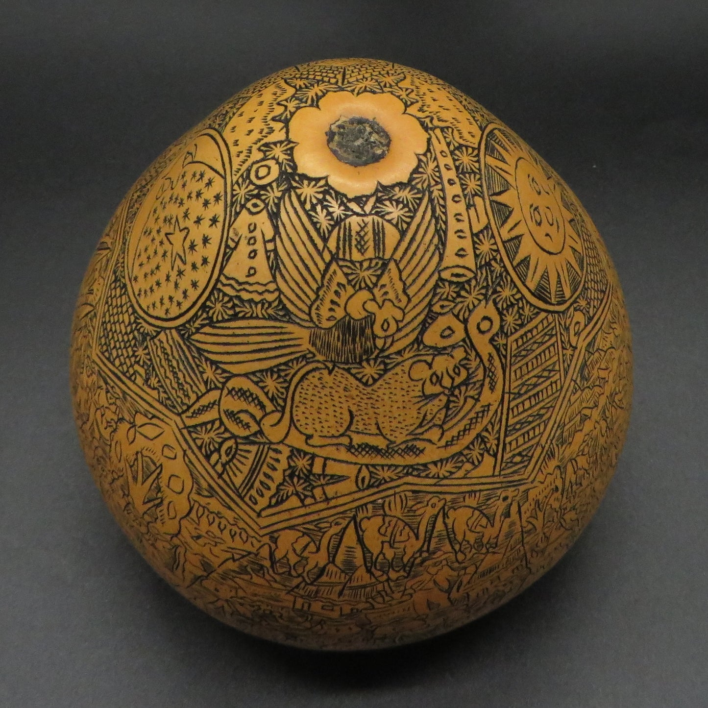 Folk Art Carved Gourd Sun Moon Condor Puma Serpent Daily Life hand carved Sacred Valley Peru P236