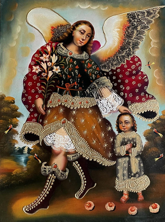 Guardian Angel / Angel de La Guarda Original Painting Oil on Canvas Cusco School 11 1/2 x 15 1/2 CS52539 - Shaman Things