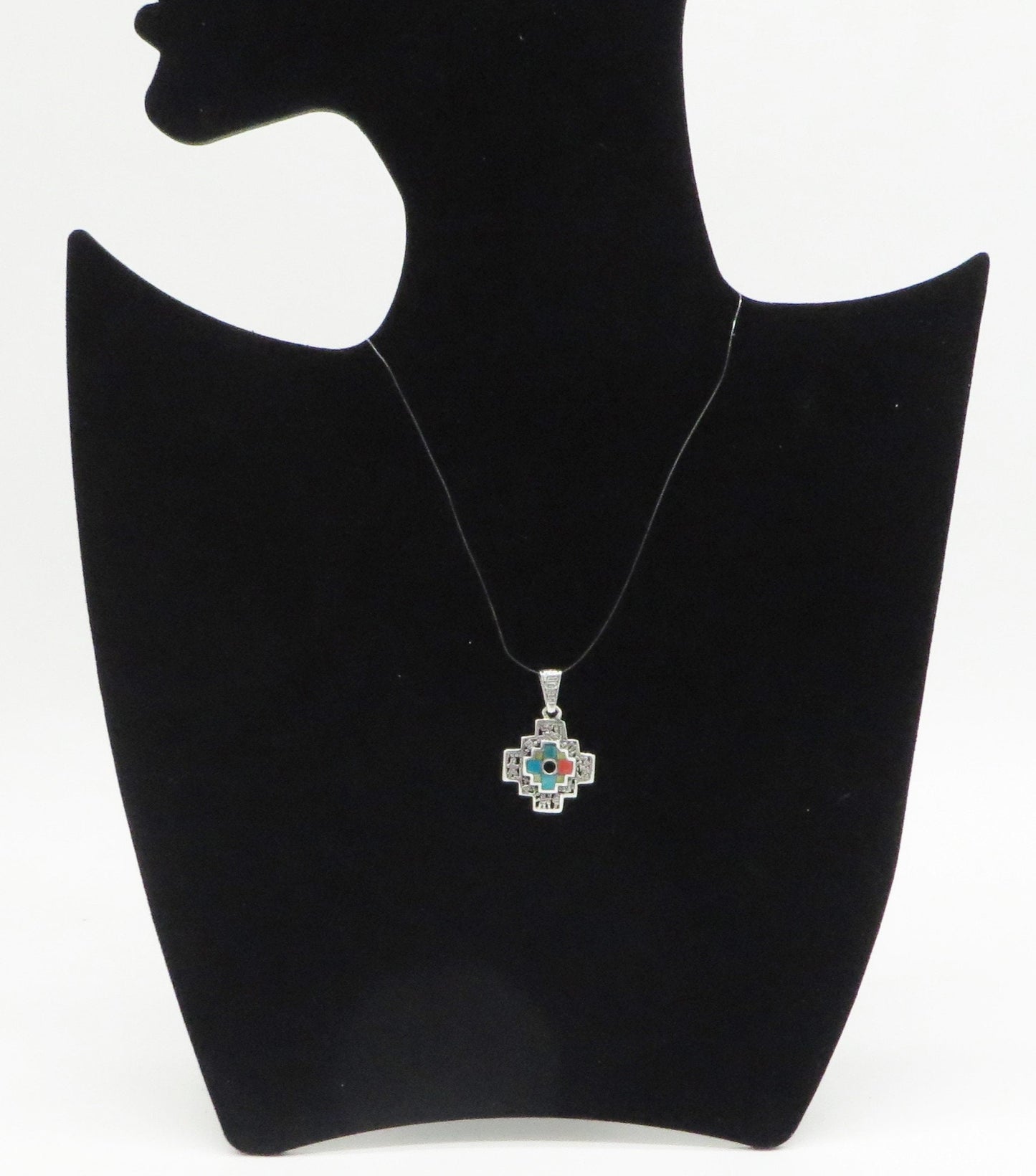 Chakana Pendant with Stone Inlay and Open Work 950 Silver Sacred Valley Peru PH15