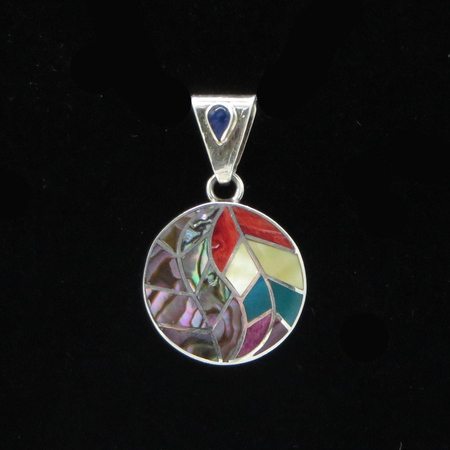 Coca Leaf TaiJi Yin Yang Pendant with Stone and Abalone Inlay Peru 950 Silver Sacred Valley PH13