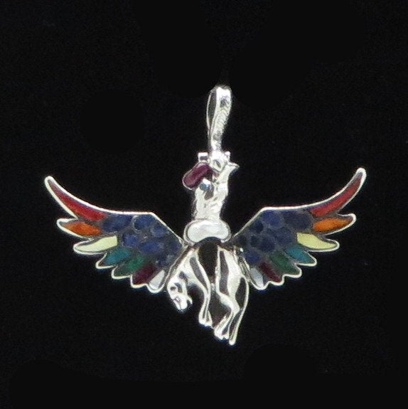 Condor Jaguar Pendant Seven Chakras Silver and Stone Inlay Peru 950 Silver Sacred Valley PJV19