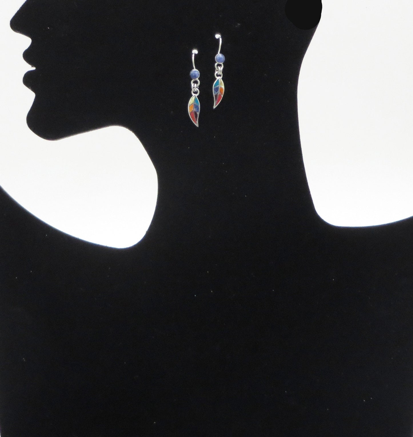 Coca Leaf Earrings 950 Silver with Stone Inlay Peru Sacred Valley EJV7