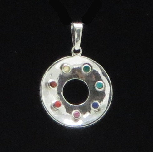 Flower of Life Pendant with Seven Chakra Stones Peru 950 Silver and Stone Inlay Sacred Valley PJV6