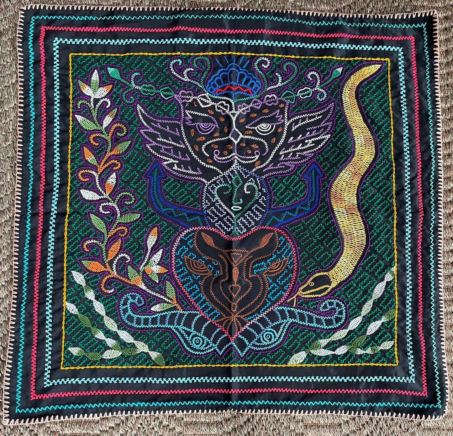 Shipibo Hand Embroidered Tapestry Altar Cloth Ayahuasca Jaguar Snake 28.5" x 28.5" PF2302
