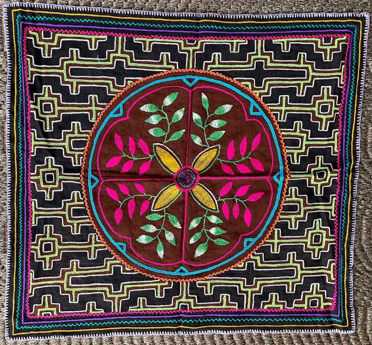 Shipibo Hand Embroidered Tapestry Altar Cloth Ayahuasca Icaro 26" x 29"