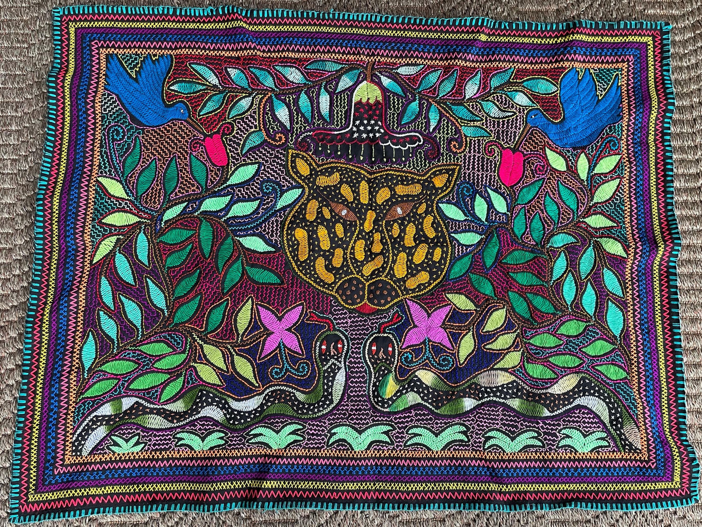 Shipibo Hand Embroidered Tapestry Altar Cloth Ayahuasca Hummingbird Jaguar Snake 28.5" x 36" PF2310