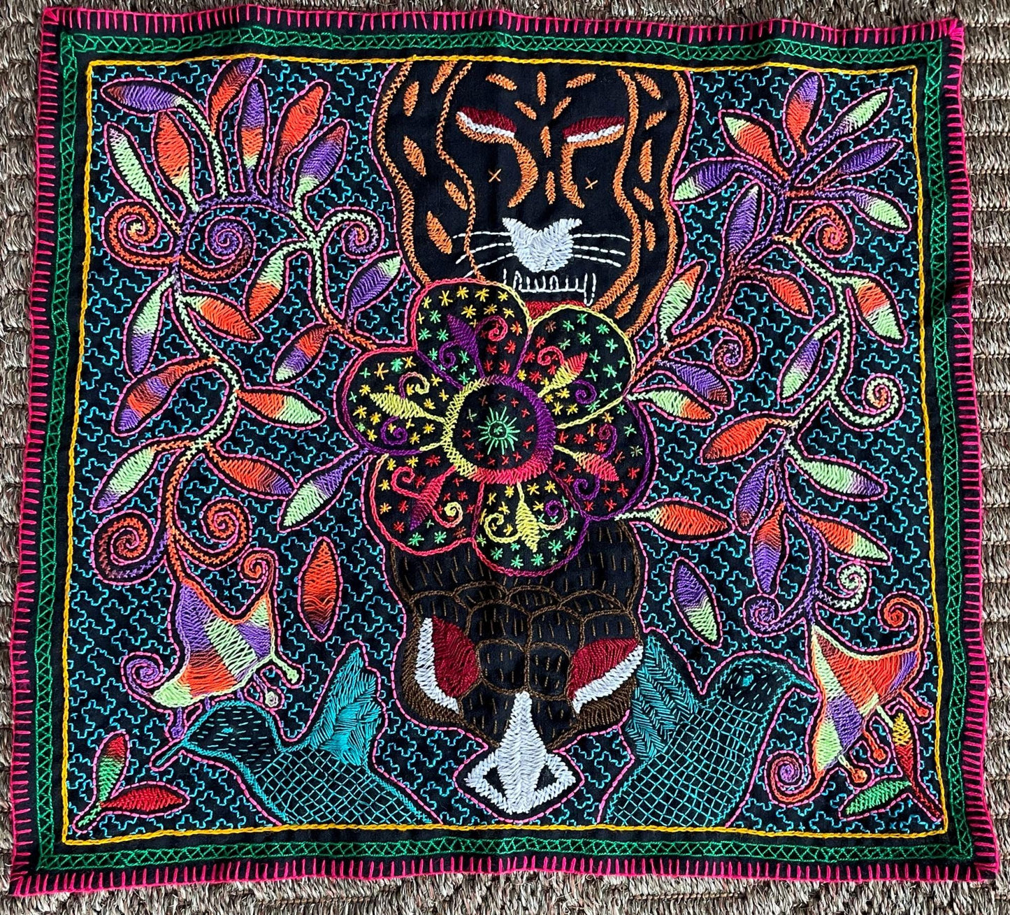 Shipibo Hand Embroidered Tapestry Altar Cloth Ayahuasca Jaguar Hummingbird 18" x 20" PF2311