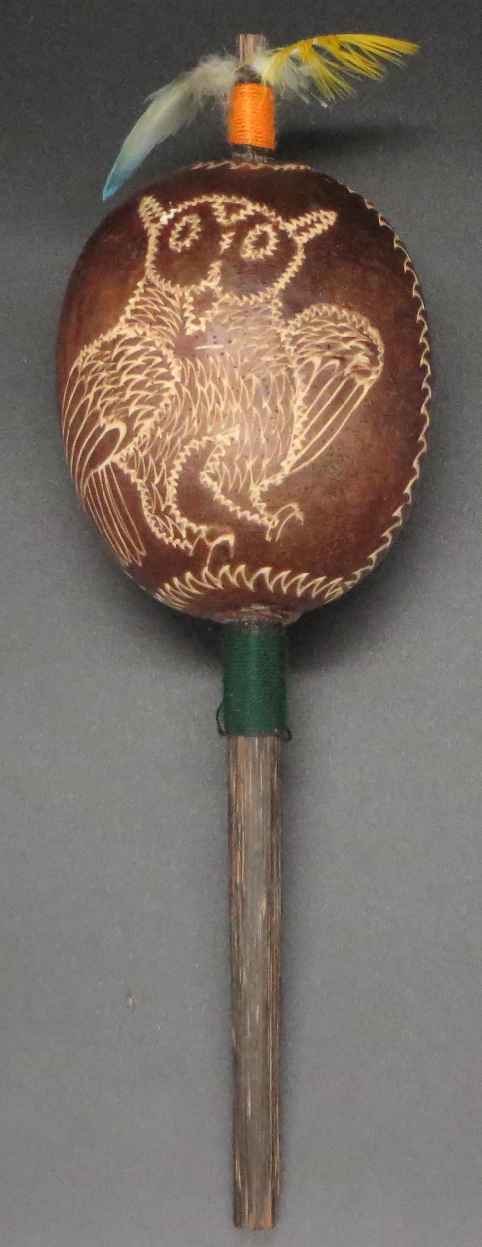 Shipibo Ceremonial Rattle Owl and Shipibo Designs Handcrafted in Amazon Region Peru R2410