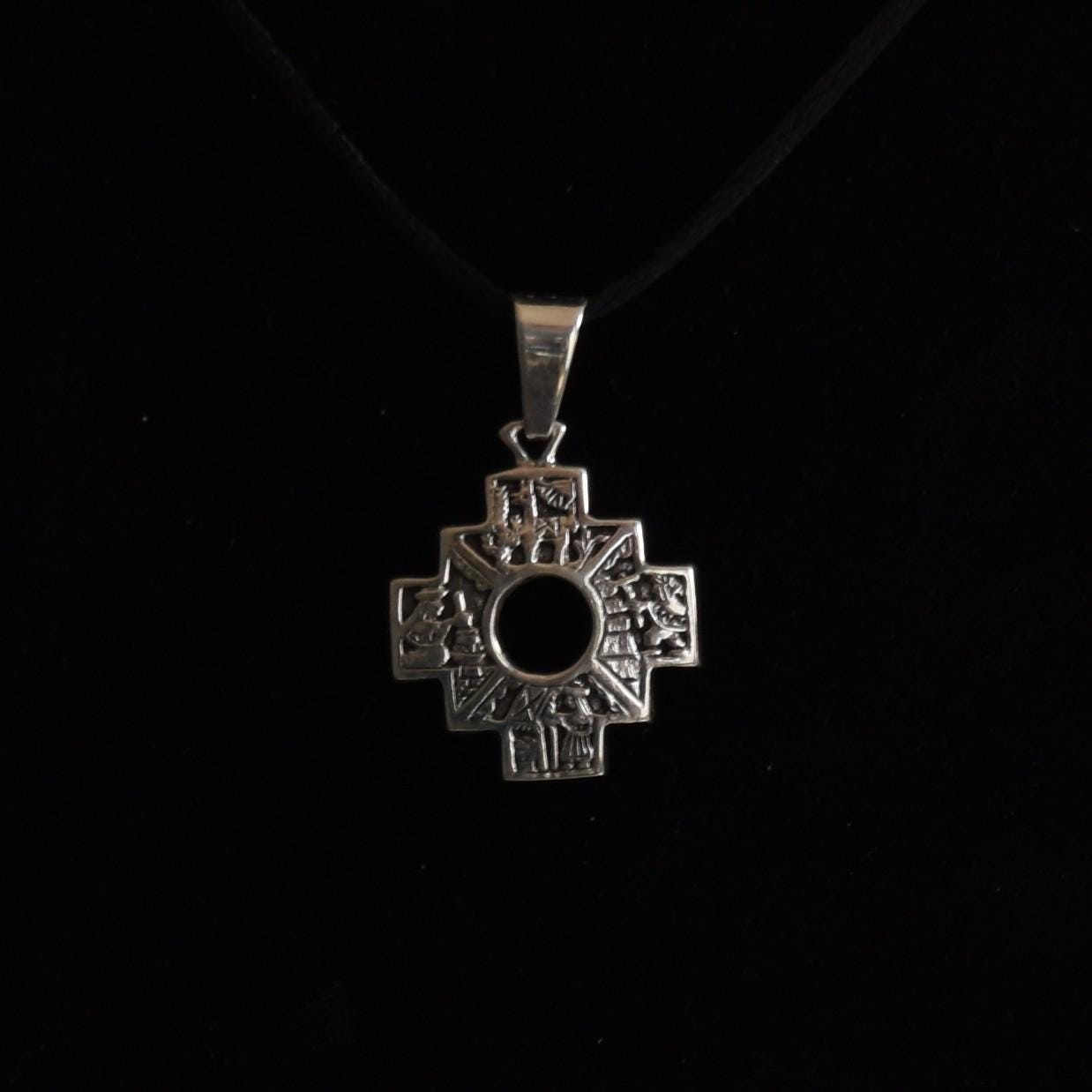 Chakana Pendant Reversible Peru 950 Silver with Stone Inlay Sacred Valley PJVB18