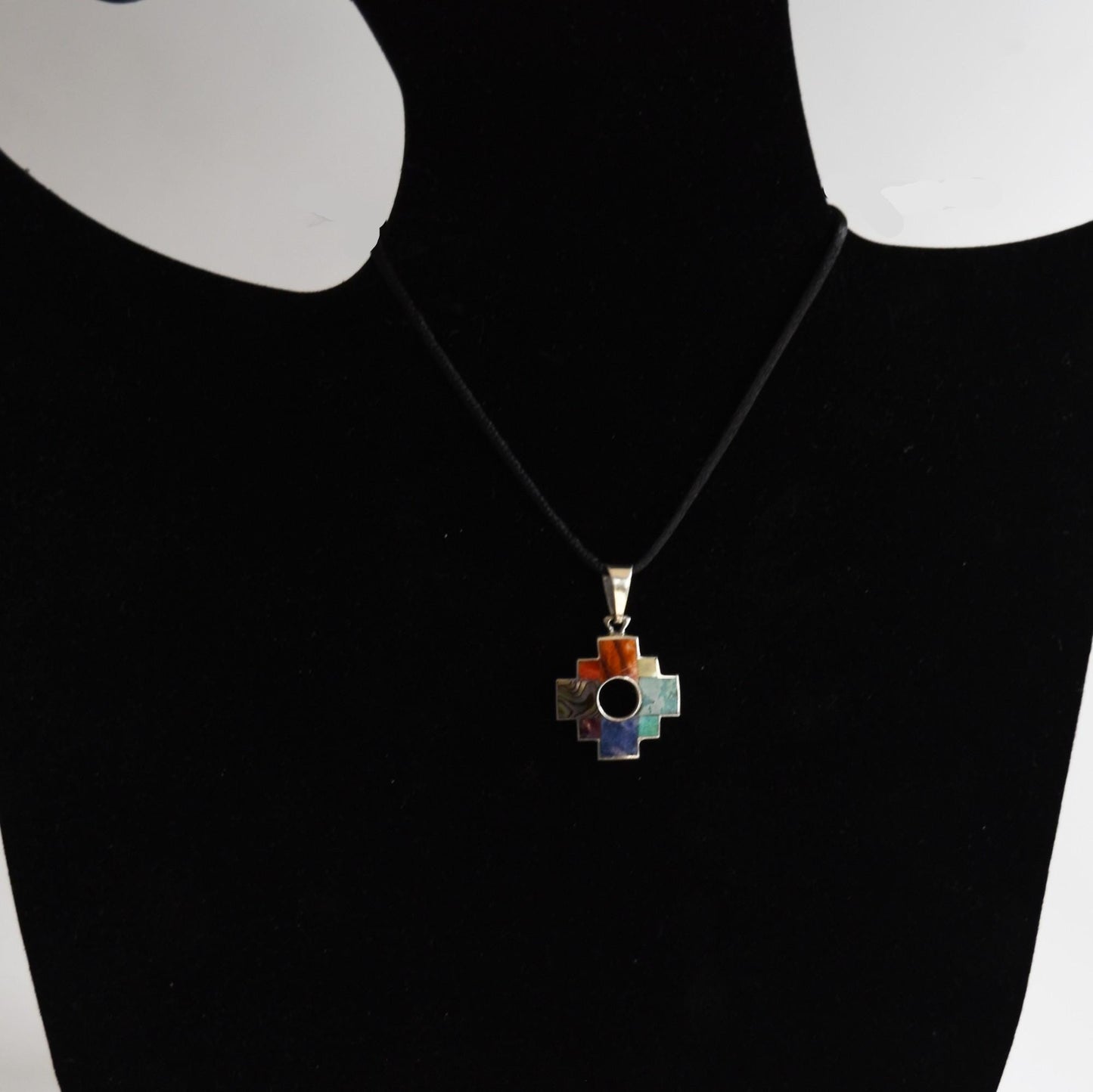 Chakana Pendant Reversible Peru 950 Silver with Stone Inlay Sacred Valley PJVB18