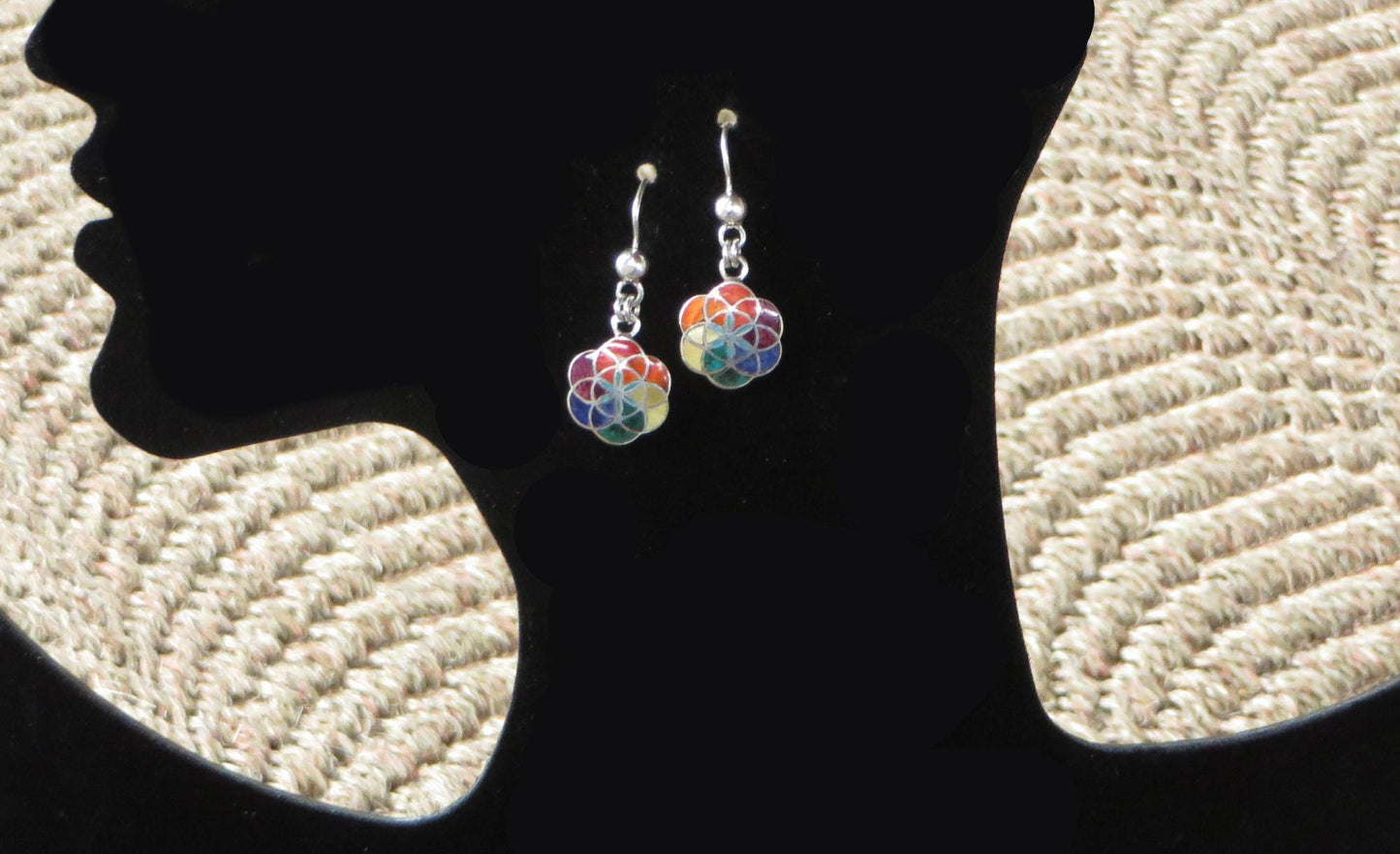Flower of Life Earrings 950 Silver with Stone Inlay Peru Sacred Valley EJVB11