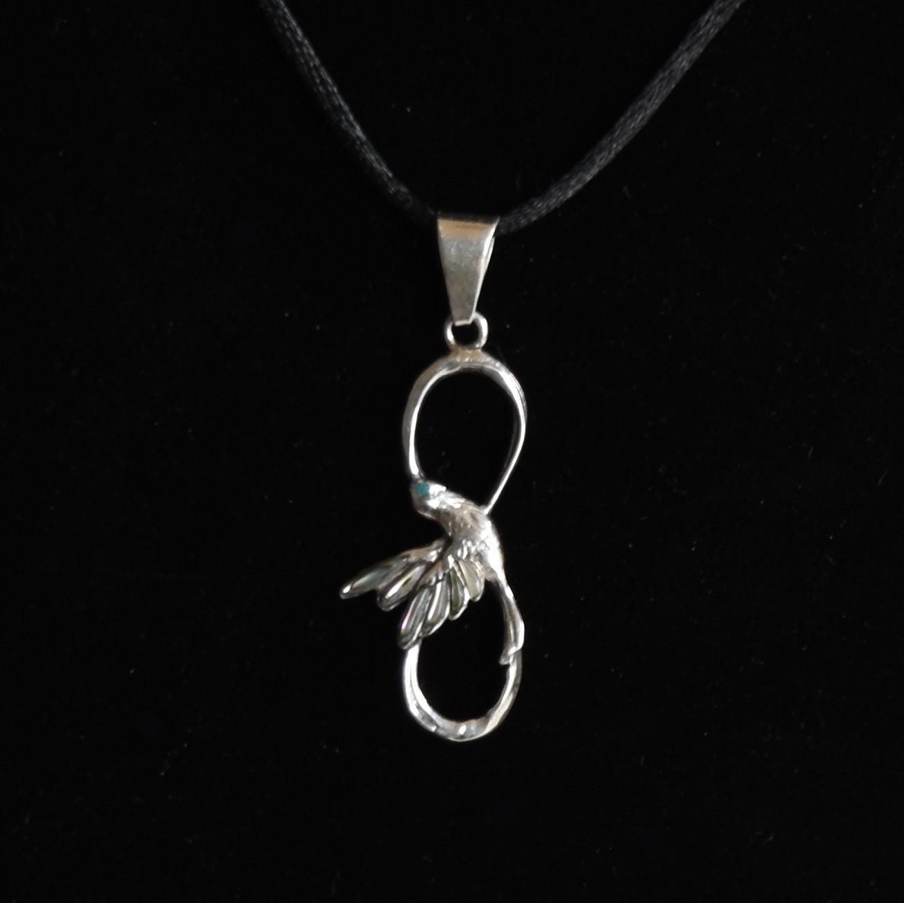 Hummingbird and Infinity Symbol Pendant Peru 950 Silver with Abalone Inlay Sacred Valley PJVB19