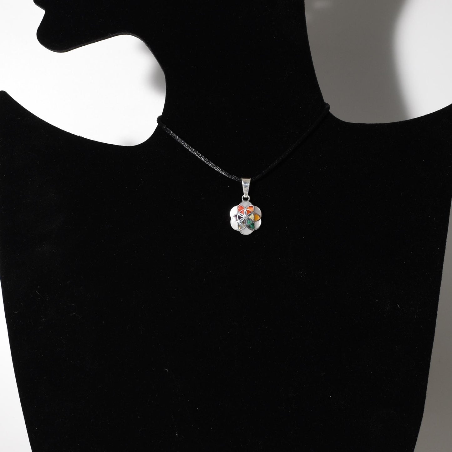 Flower of Life Mandala Pendant with Stone and Abalone Inlay Peru 950 Silver Sacred Valley P52514