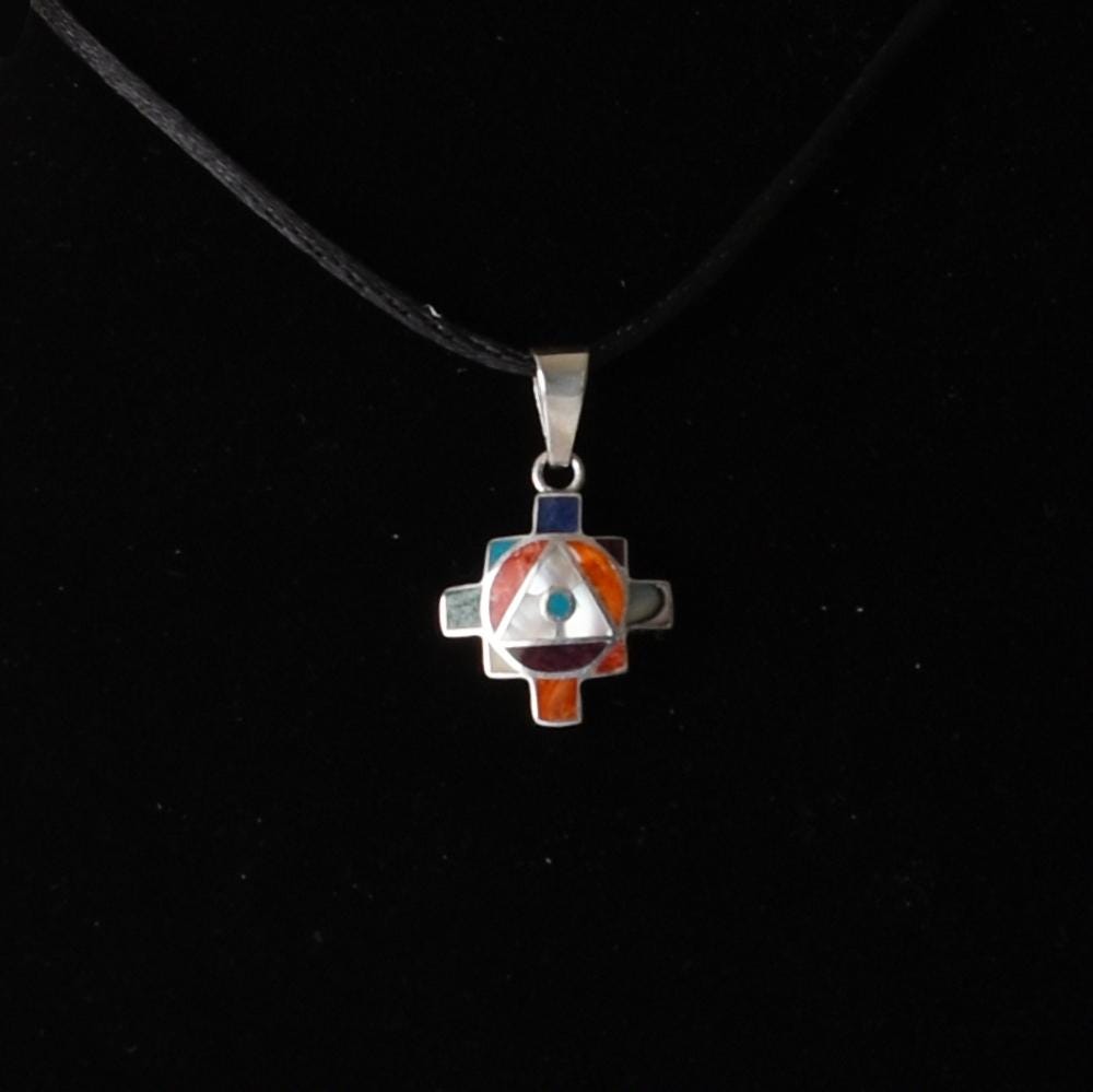 Chakana Pendant with Stone and Abalone Inlay 950 Silver Sacred Valley Peru P52517