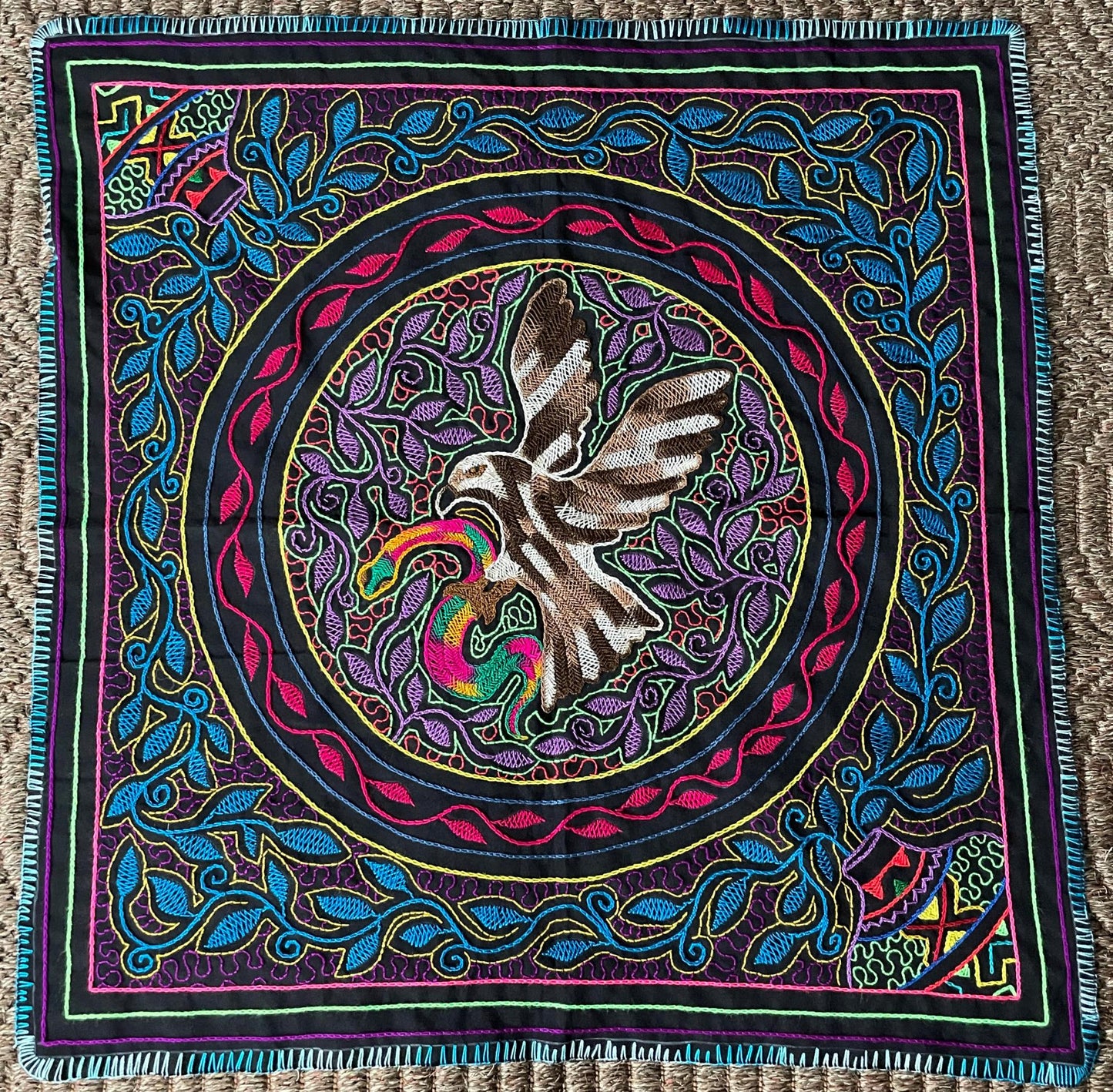 Shipibo Hand Embroidered Tapestry Altar Cloth Eagle Snake Ayahuasca Vine 28" x 28.25" P2503