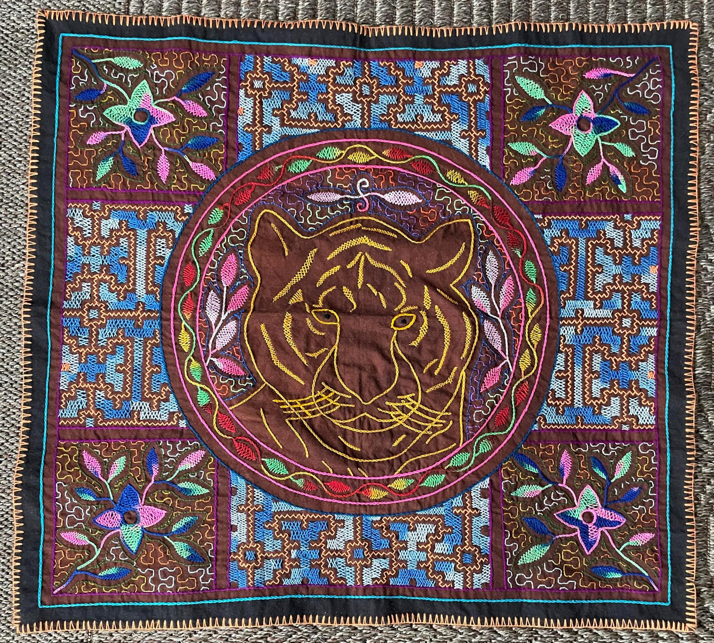 Shipibo Hand Embroidered Tapestry Altar Cloth Tiger Cross Icaros Ayahuasca 26" x 28" P2508