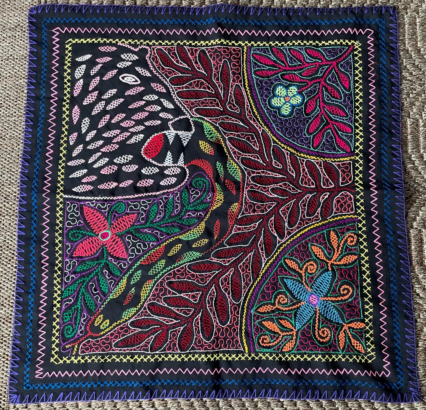 Shipibo Hand Embroidered Tapestry Altar Cloth Jaguar Snake Flowers Icaros Ayahuasca Vine 26.75" x 27.5" P2515