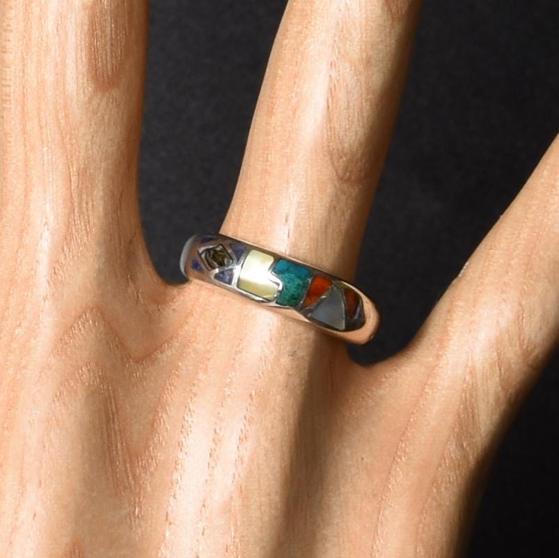 Inca Calendar Ring Size 8 Sacred Valley Peru 950 Silver Stone and Abalone Inlay R52519