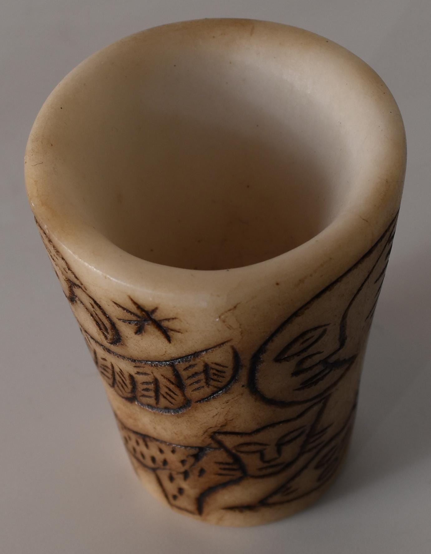 Alabaster Caliza Stone Offering Cup Jaguar Condor Snake hand carved Sacred Valley Peru S52516