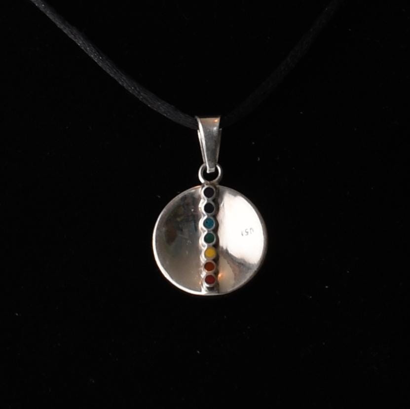 Pachamama Spiral Pendant with Stone Inlay and Seven Chakra Stones Peru 950 Silver Sacred Valley P52529