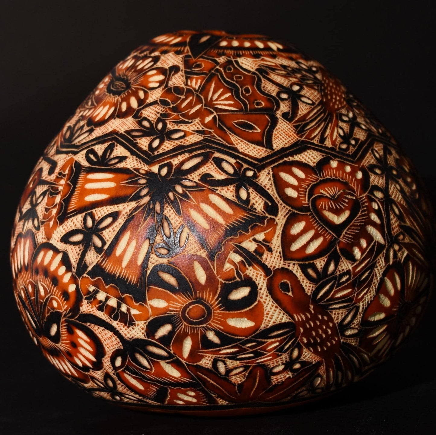 Folk Art Carved Gourd Birds Flowers hand carved Sacred Valley Peru G52502