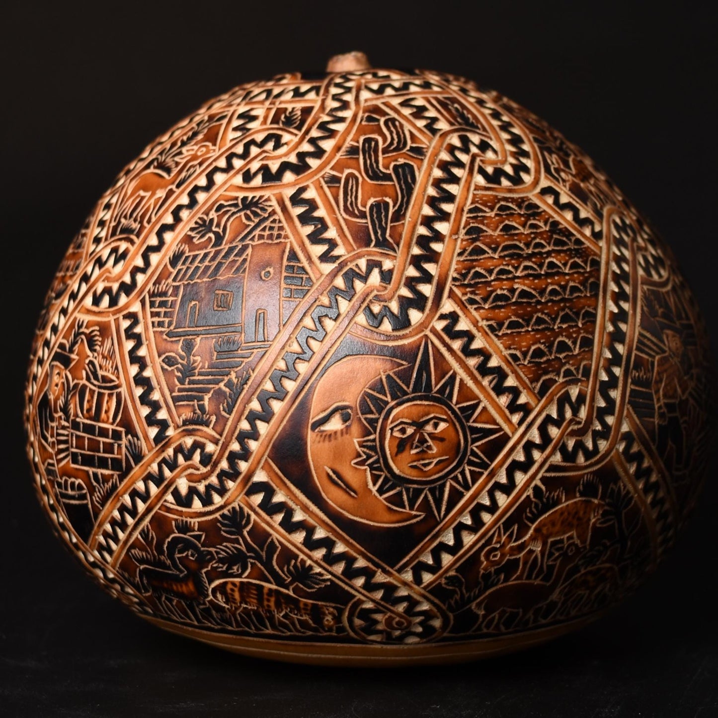 Folk Art Carved Gourd Rural Scenes hand carved Sacred Valley Peru G52503