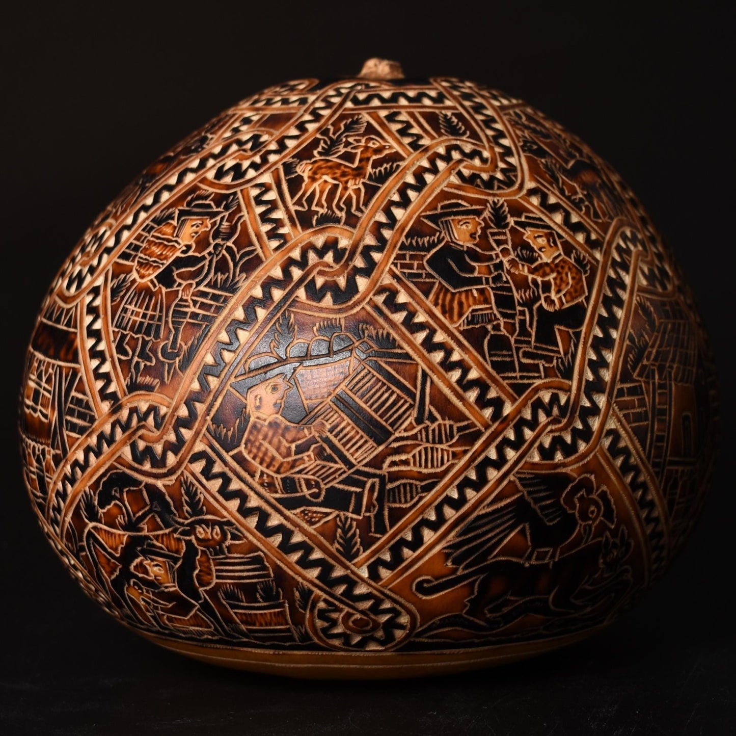 Folk Art Carved Gourd Rural Scenes hand carved Sacred Valley Peru G52503