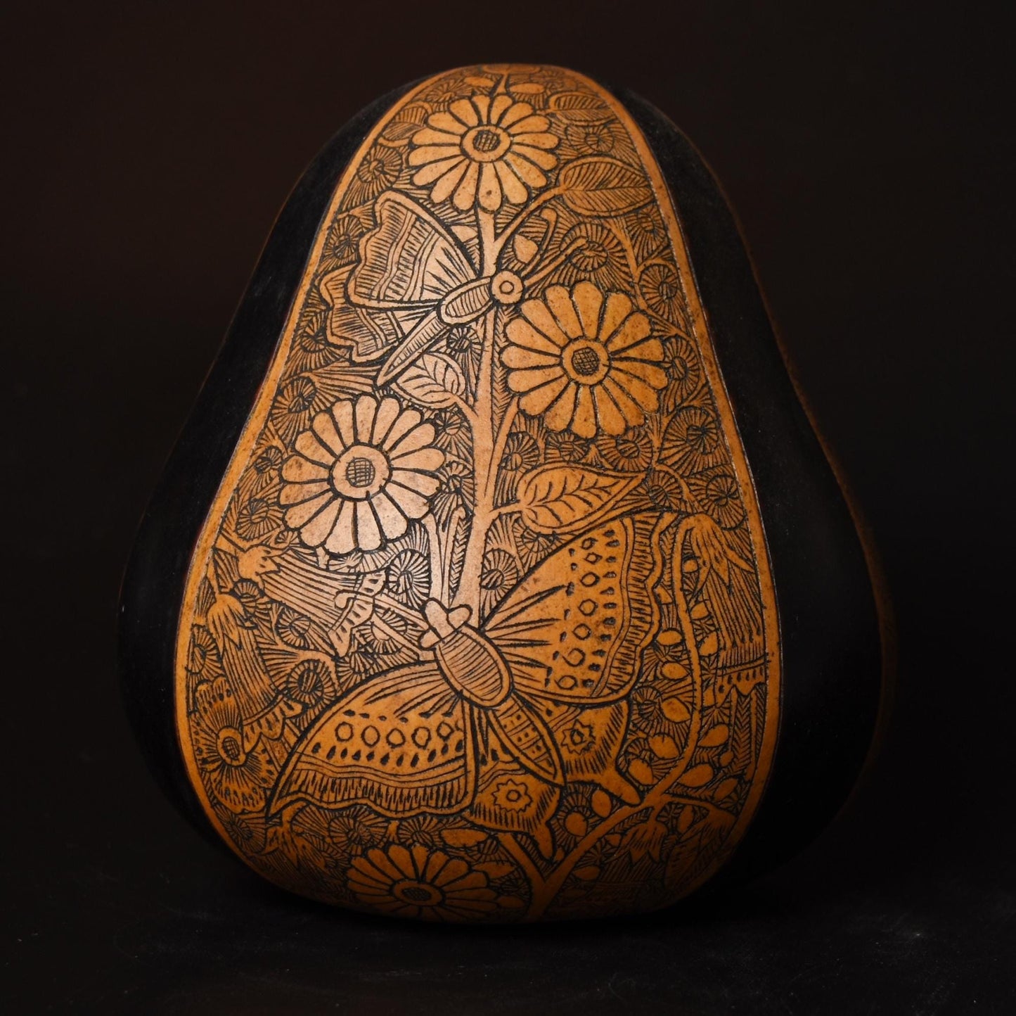 Folk Art Carved Gourd Butterflies and Flowers hand carved Sacred Valley Peru G52504