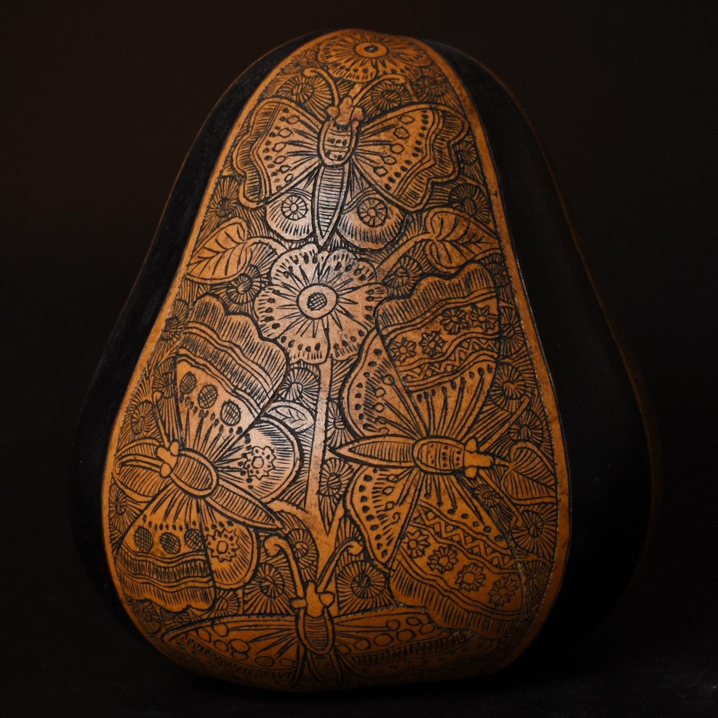 Folk Art Carved Gourd Butterflies and Flowers hand carved Sacred Valley Peru G52504