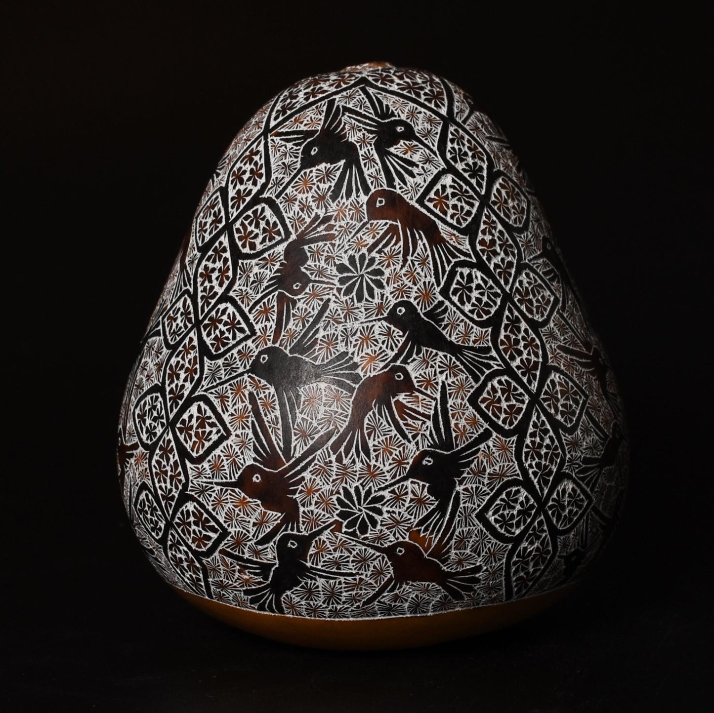 Folk Art Carved Gourd Birds Flowers hand carved Sacred Valley Peru G52506