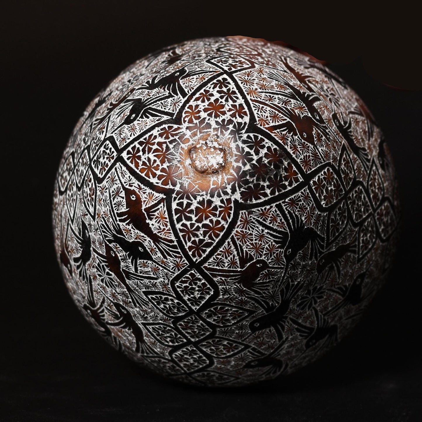 Folk Art Carved Gourd Birds Flowers hand carved Sacred Valley Peru G52506