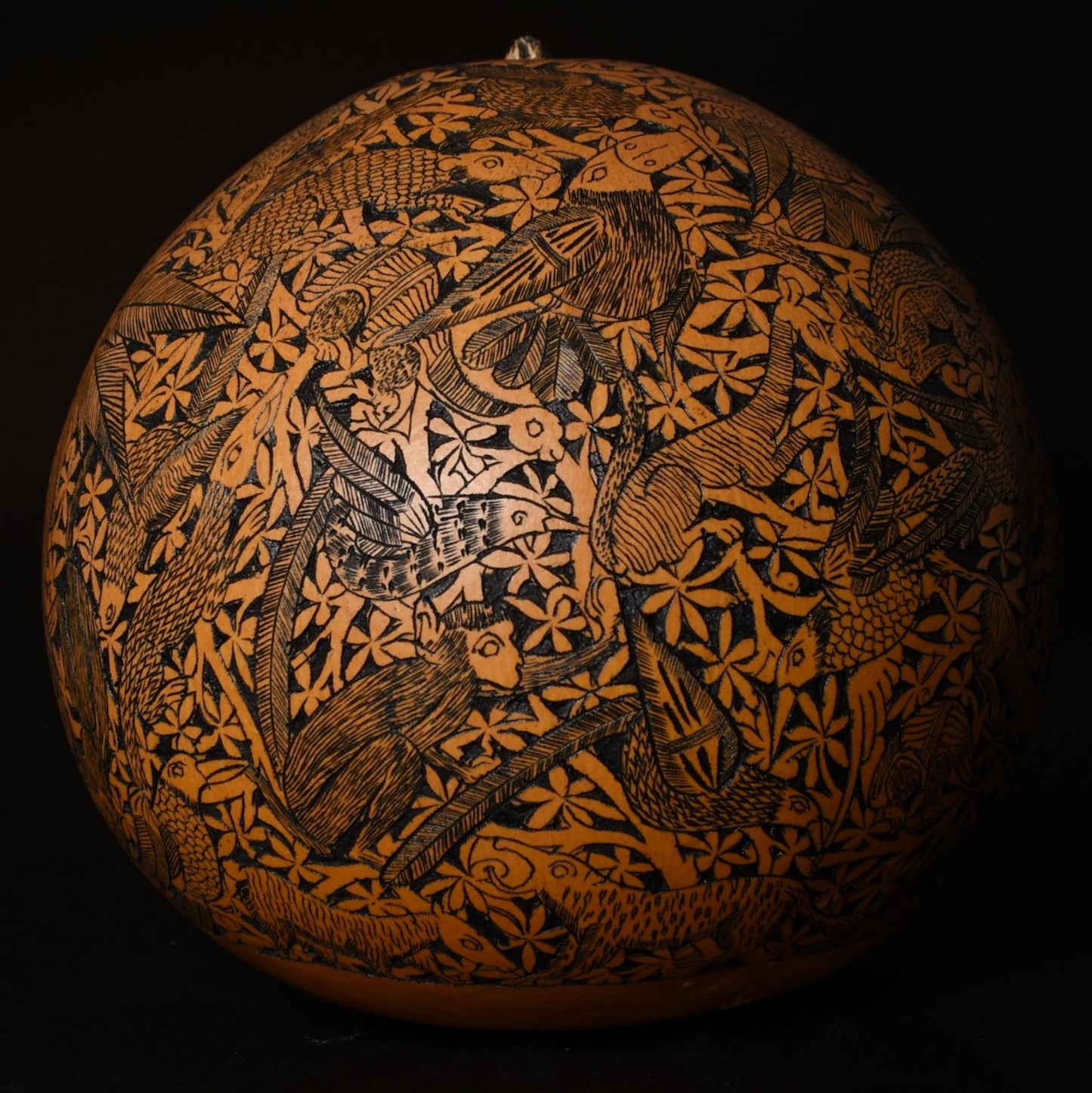 Large Folk Art Carved Gourd Jungle Animals Palm Trees hand carved Sacred Valley Peru G52508