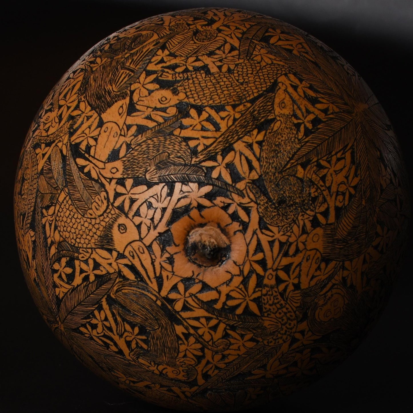 Large Folk Art Carved Gourd Jungle Animals Palm Trees hand carved Sacred Valley Peru G52508